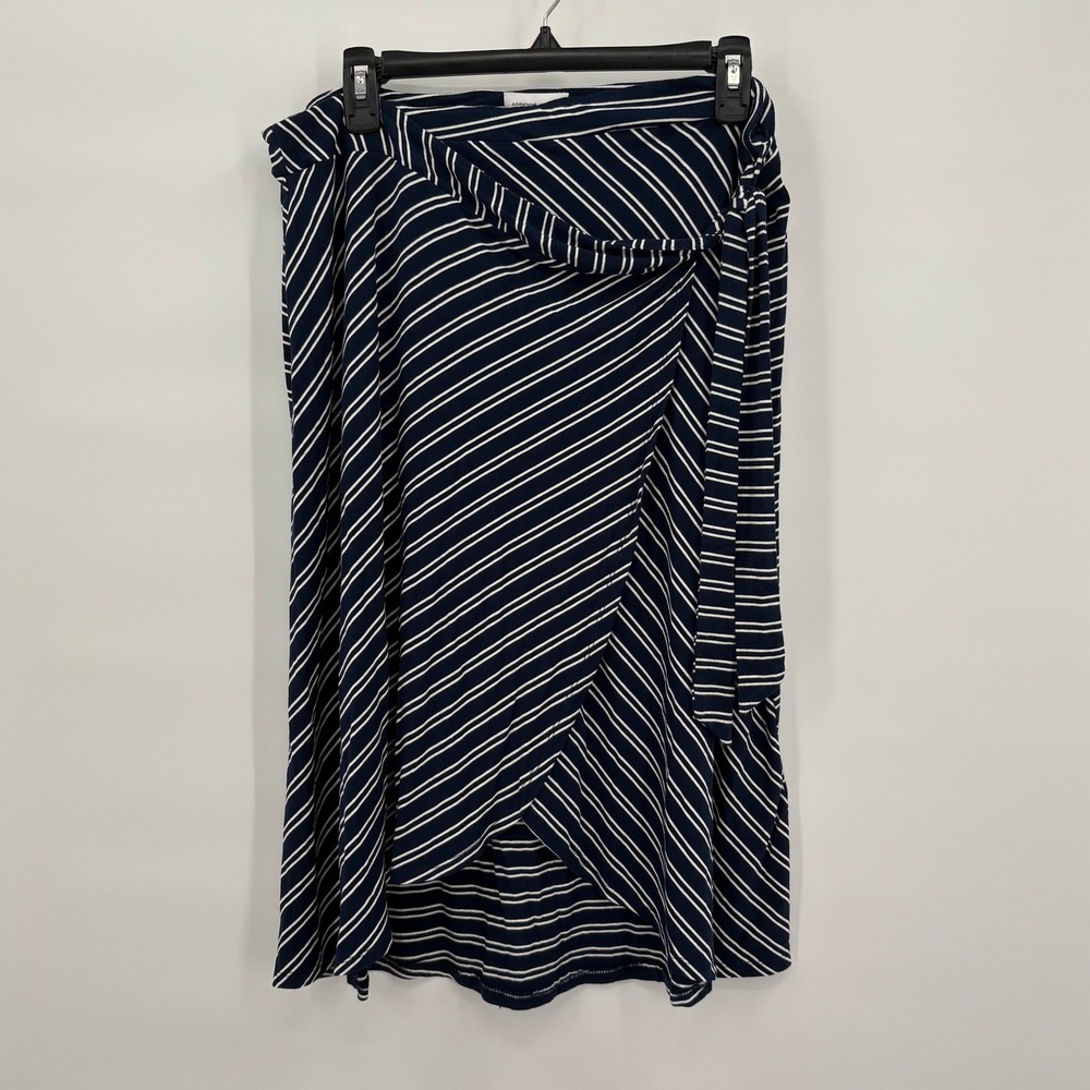 Adrienne Vittadini Women XL Navy Blue White Stripe Faux Wrap Midi Skirt Tie Side